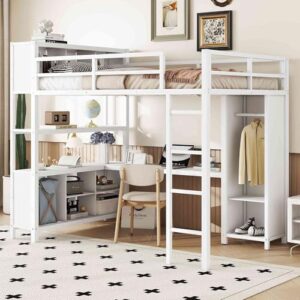 ATY Full Size Loft Bed with Storage Cabinets and Shelves, Sturdy Metal Bedframe w/Wardrobe & Built-in Desk, Save Space Design, for Kids Bedroom, Dorm, White