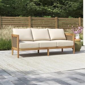 Merax Outdoor Acacia Wood Wicker 3 Seater Sofa, Patio Furniture Conversation Set for Backyard