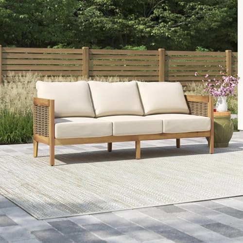 Merax Outdoor Acacia Wood Wicker 3 Seater Sofa, Patio Furniture Conversation Set for Backyard