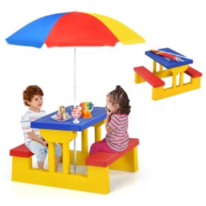 homgx kids picnic table, toddler picnic table with removable & foldable umbrella, plastic children patio furniture for garden backyard, kids outdoor table, multicolored