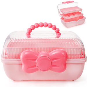 noamus 11" three-layer multipurpose storage box, clear plastic art craft organizer, portable first aids case with handle trays for kids, sewing makeup nail hair accessories, home school office(pink)