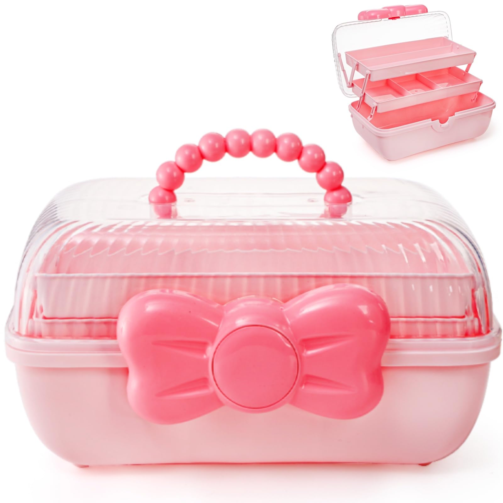 Noamus 11" Three-Layer Multipurpose Storage Box, Clear Plastic Art Craft Organizer, Portable First Aids Case with Handle Trays for Kids, Sewing Makeup Nail Hair Accessories, Home School Office(Pink)