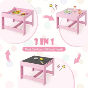 LDAILY Kids Table and Chairs, 3 in 1 Wooden Kids Table with Storage Drawer, Removable Blackboard, Reversible Tabletop, Toddler Table and Chair Set for Drawing, Reading, Writing, Playroom (Pink)