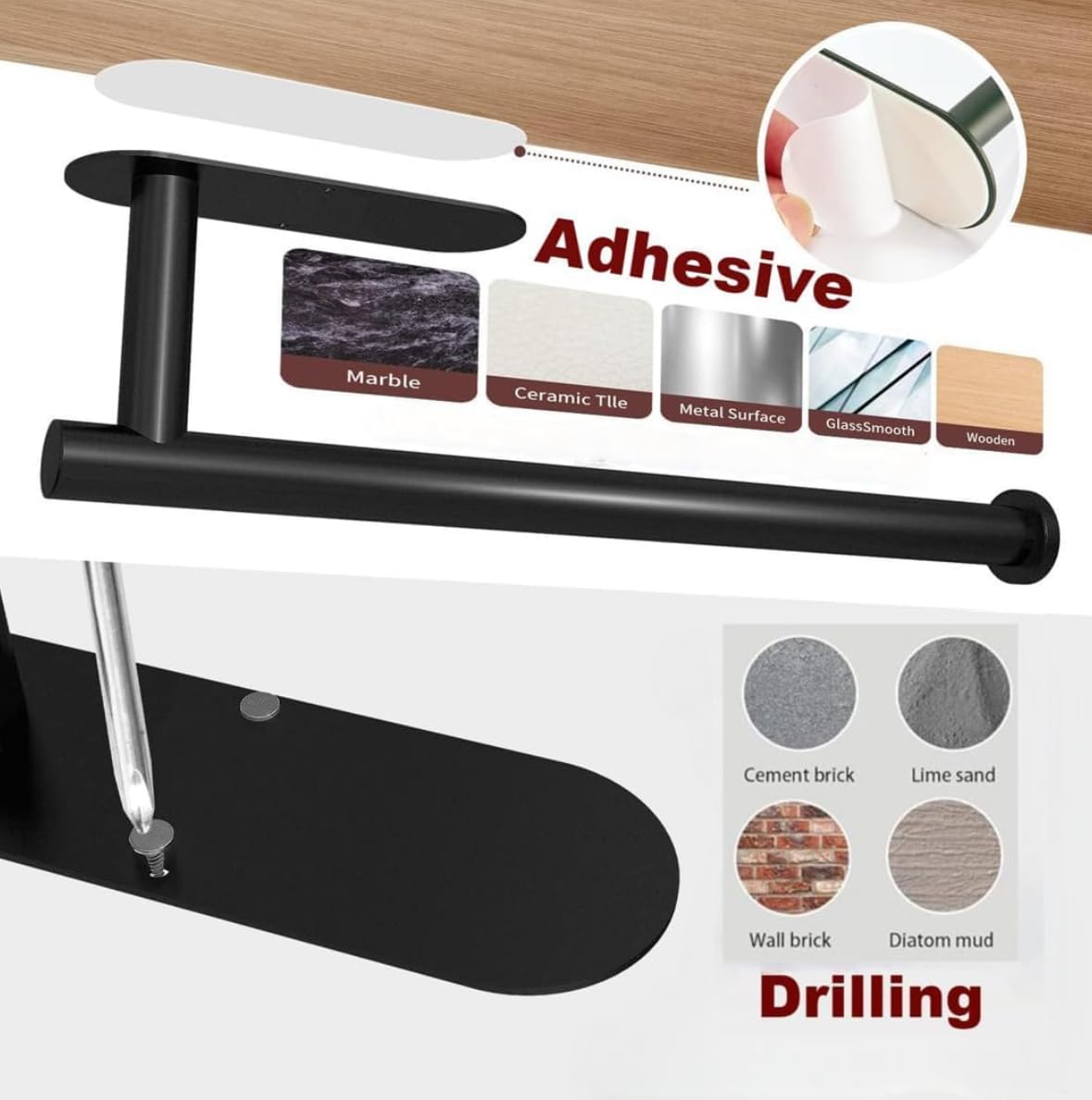 Under Cabinet Paper Towel Holder, Wall Mount for Kitchen: Self Adhesive or Drilling Comes with Screws,SUS304 Stainless Steel.