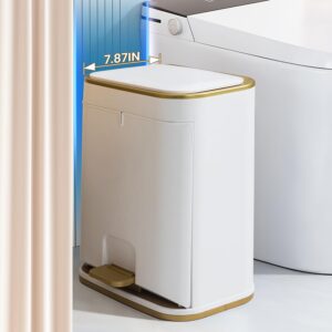 Bathroom Trash Can with Lid, 3 Gallon Gold Garbage Can, Small Trash Bin with Press top Lid and Pedal, Narrow White Trash Can Waste Basket for Bedroom, Living Room,Office,Plastic Dog Proof Trash Can