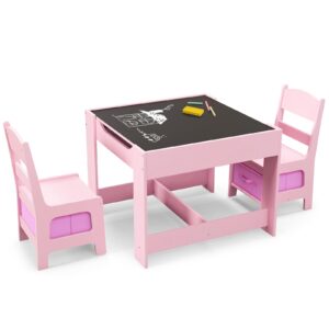 ldaily kids table and chairs, 3 in 1 wooden kids table with storage drawer, removable blackboard, reversible tabletop, toddler table and chair set for drawing, reading, writing, playroom (pink)