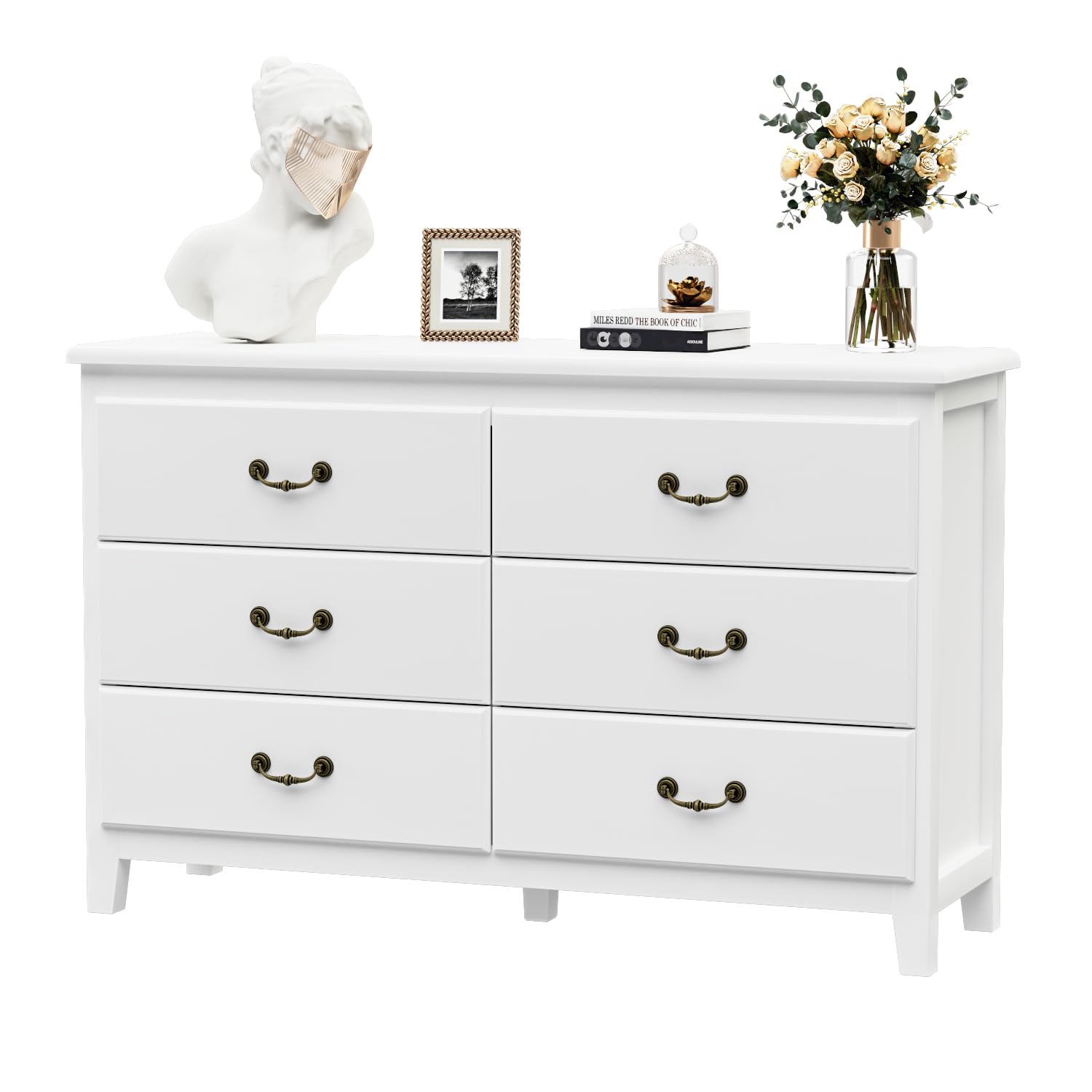 HOUROM White Dresser, Modern Farmhouse 6 Drawer Double Dresser for Bedroom Adults & Kids with Vintage Gold Pulls, Wide Dressers & Chests of Drawers, 6 Drawer Dressers for Hallway, Antique White