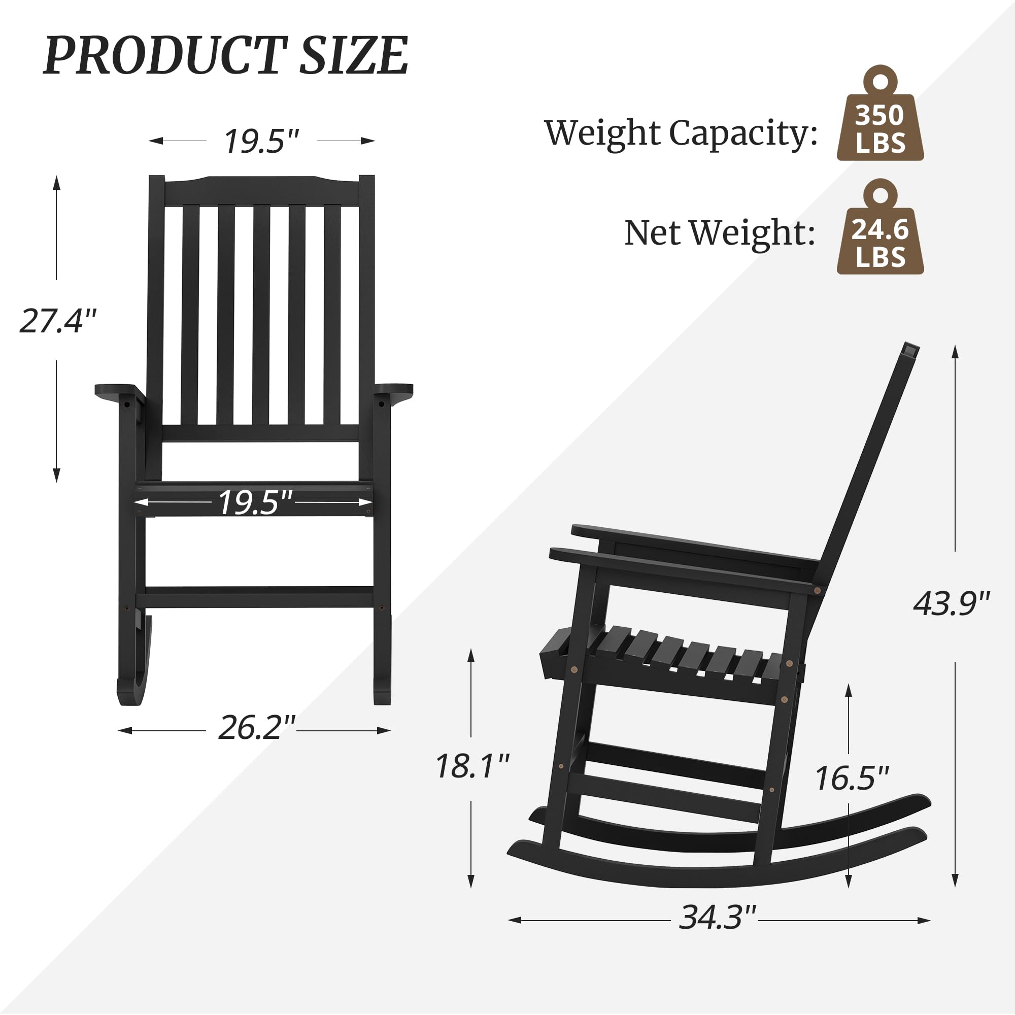 Cozyman Outdoor Rocking Chairs Set of 2, Acacia Wood Rocking Chairs, Patio Rocker Chair with Wide Seats, Black