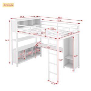 ATY Full Size Loft Bed with Storage Cabinets and Shelves, Sturdy Metal Bedframe w/Wardrobe & Built-in Desk, Save Space Design, for Kids Bedroom, Dorm, White