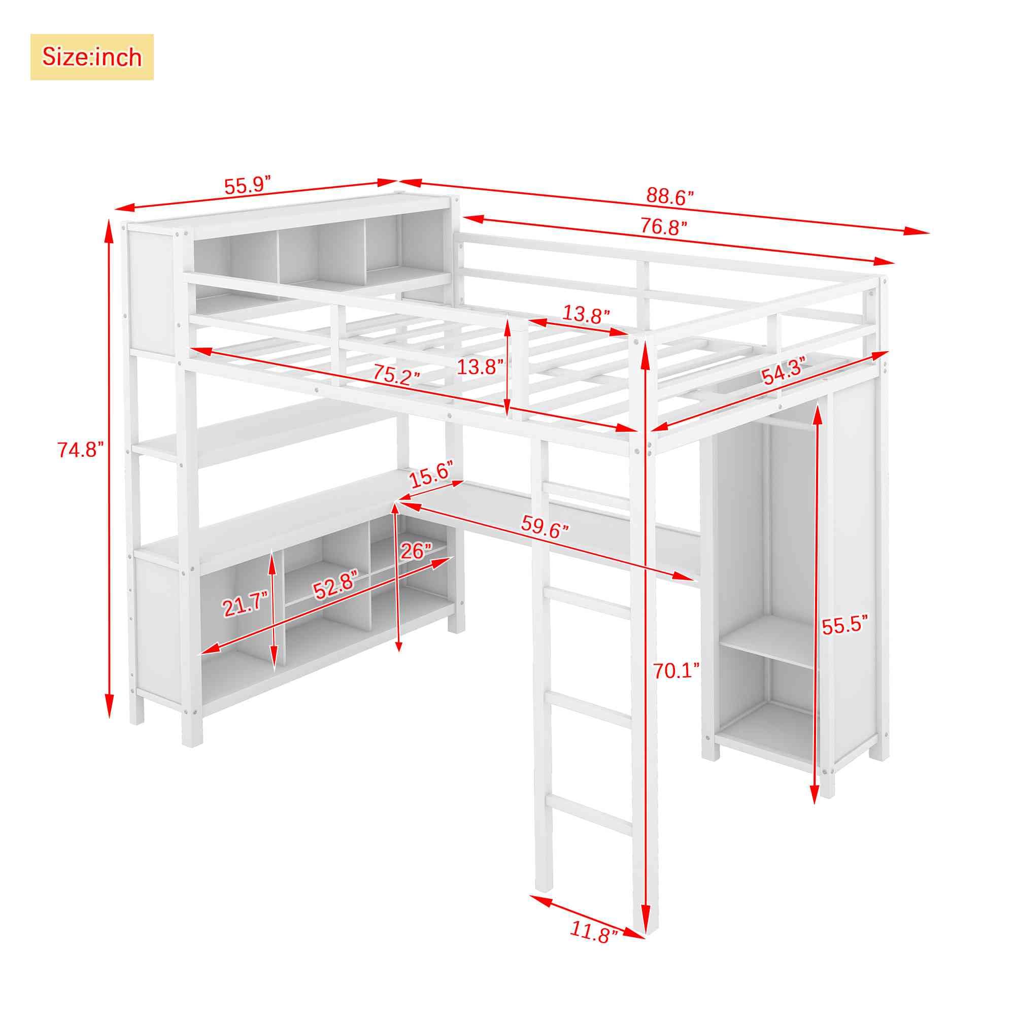 ATY Full Size Loft Bed with Storage Cabinets and Shelves, Sturdy Metal Bedframe w/Wardrobe & Built-in Desk, Save Space Design, for Kids Bedroom, Dorm, White