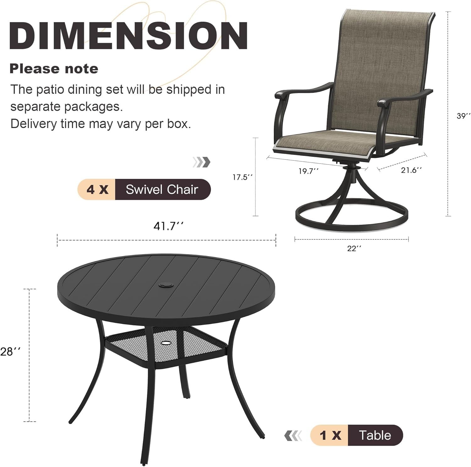 VICLLAX 5-Piece Outdoor Patio Furniture Dining Set, Textilene Outdoor Swivel Chairs and Round Patio Dining Table with Umbrella Hole 42" Black