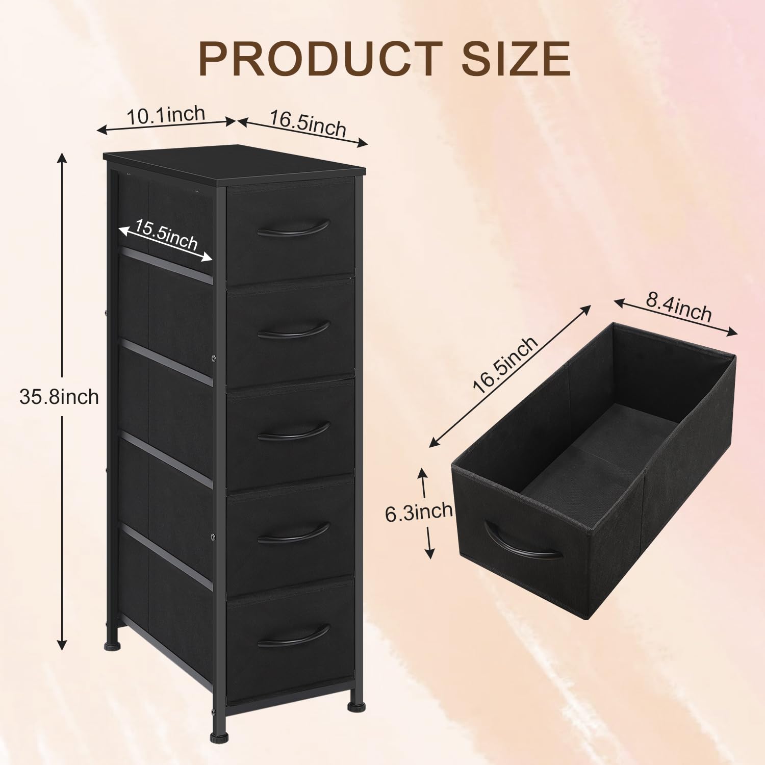 Ebeneze Narrow Dresser with 5 Drawers, Storage Cabinet, Slim Fabric Tower with Wheels, Wood Shelf, Bedroom Organizer Skinny Chest for Small Spaces, Bathroom, Living Room, Laundry, Closet, Black