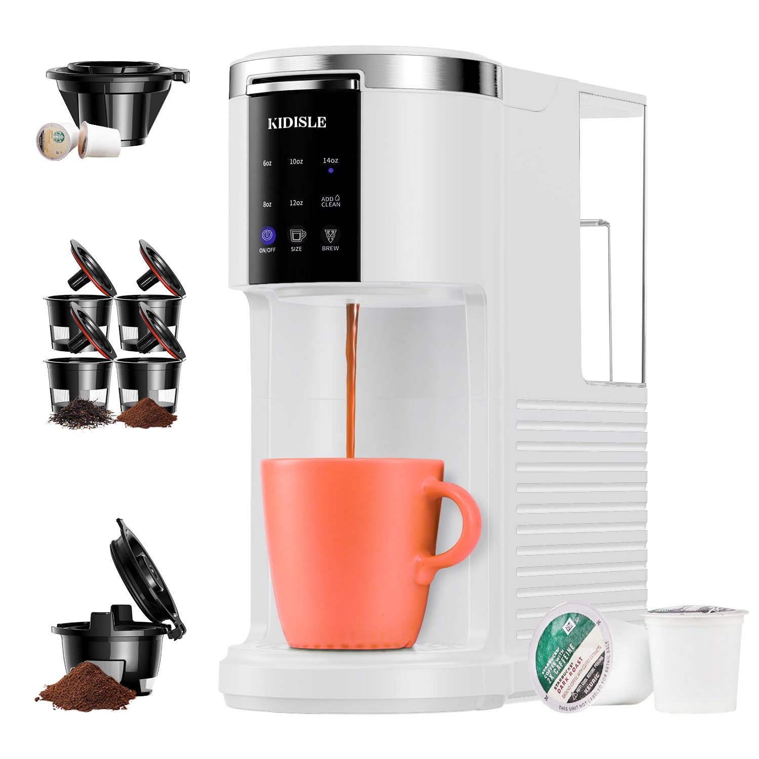 KIDISLE 3 in 1 Single Serve Coffee Maker for K Cup Pods & Ground Coffee & Teas, 6 to 14oz Brew Sizes with 40oz Removable Water Reservoir, Self-cleaning Function, White