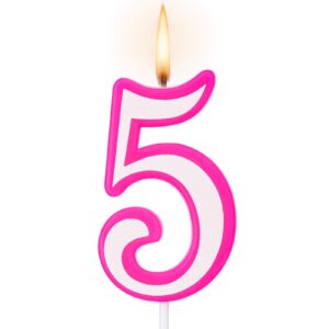 MTLEE Hot Pink Girl Birthday Candle Pink Numeral Birthday Candle Pink and White Birthday Cake Topper for Children Girls Birthday Decoration Princess and Singer Theme Party Supplies (Number 5)