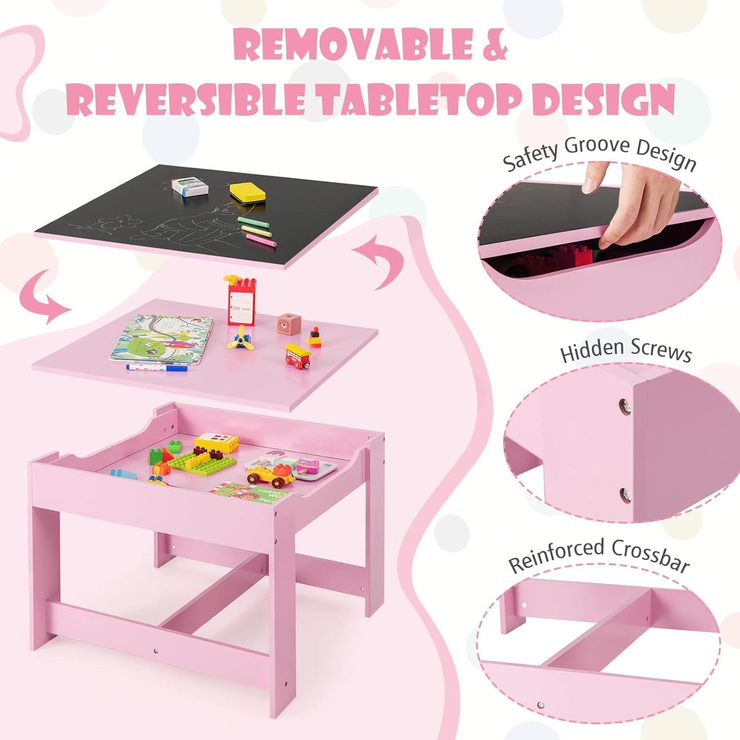 LDAILY Kids Table and Chairs, 3 in 1 Wooden Kids Table with Storage Drawer, Removable Blackboard, Reversible Tabletop, Toddler Table and Chair Set for Drawing, Reading, Writing, Playroom (Pink)