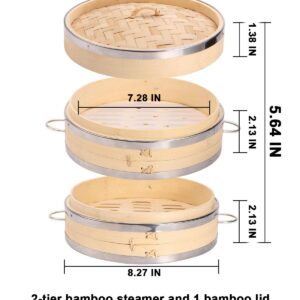 Niuirt Bamboo steamer basket set 8-inch, 2-tier dumpling steamer with side handles and 50pcs paper liners for buns, dim sum, dumplings, vegetables, and seafood.