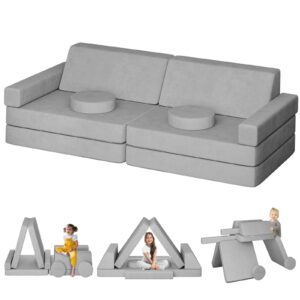 neoriver modular kids play couch 10pcs, 65.4" kids couch for playroom bedroom, multifunctional modular toddler couch, over 10 combinations creative sofa for imaginative kids -grey