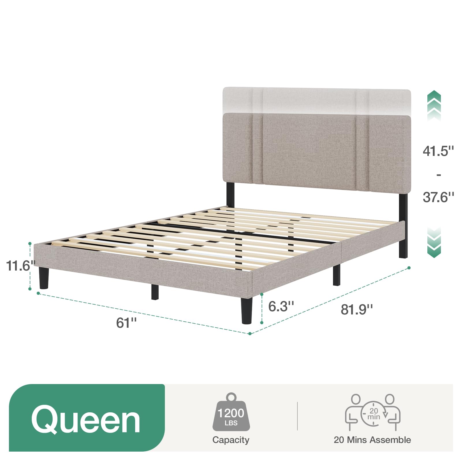 Novilla Queen Bed Frame with Headboard, Bed Frame Queen Size with Wood Slats Support,Linen Upholstered Adjustable Headboard, No Box Spring Needed, Heavy Duty Feet, Easy Assembly, Beige