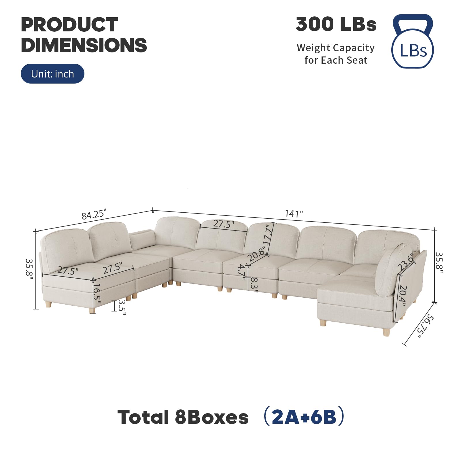 LLappuil Oversized Modular Sectional Fabric Sofa Set, Extra Large L Shaped Couch Reversible Chaise Modular Sectional Couch, 113.5 inch Width,8 Seat Modular Sofa with Storage Ottoman, Linen,Off White