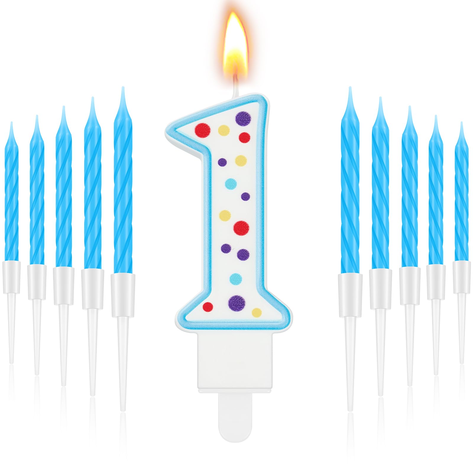 MTLEE Blue Number Candle with 10 Long Thin Cupcake Candle Happy Birthday Candles Boy Girl Number Candles for Birthday Cakes Number Birthday Cake Topper for Sweet Dots Party(Number 1)