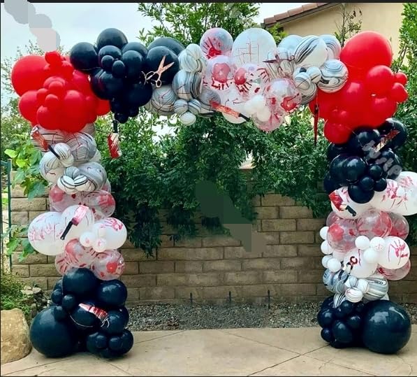 Halloween Balloons Garland Arch Kit, 125 PC Red Black Scary Halloween Balloons with Marble Balloon Bloody Hand Prints Balloons, Horror Balloons for Scream Creepy Gothic Halloween Decorations Indoor