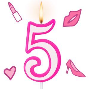 mtlee hot pink girl birthday candle pink numeral birthday candle pink and white birthday cake topper for children girls birthday decoration princess and singer theme party supplies (number 5)