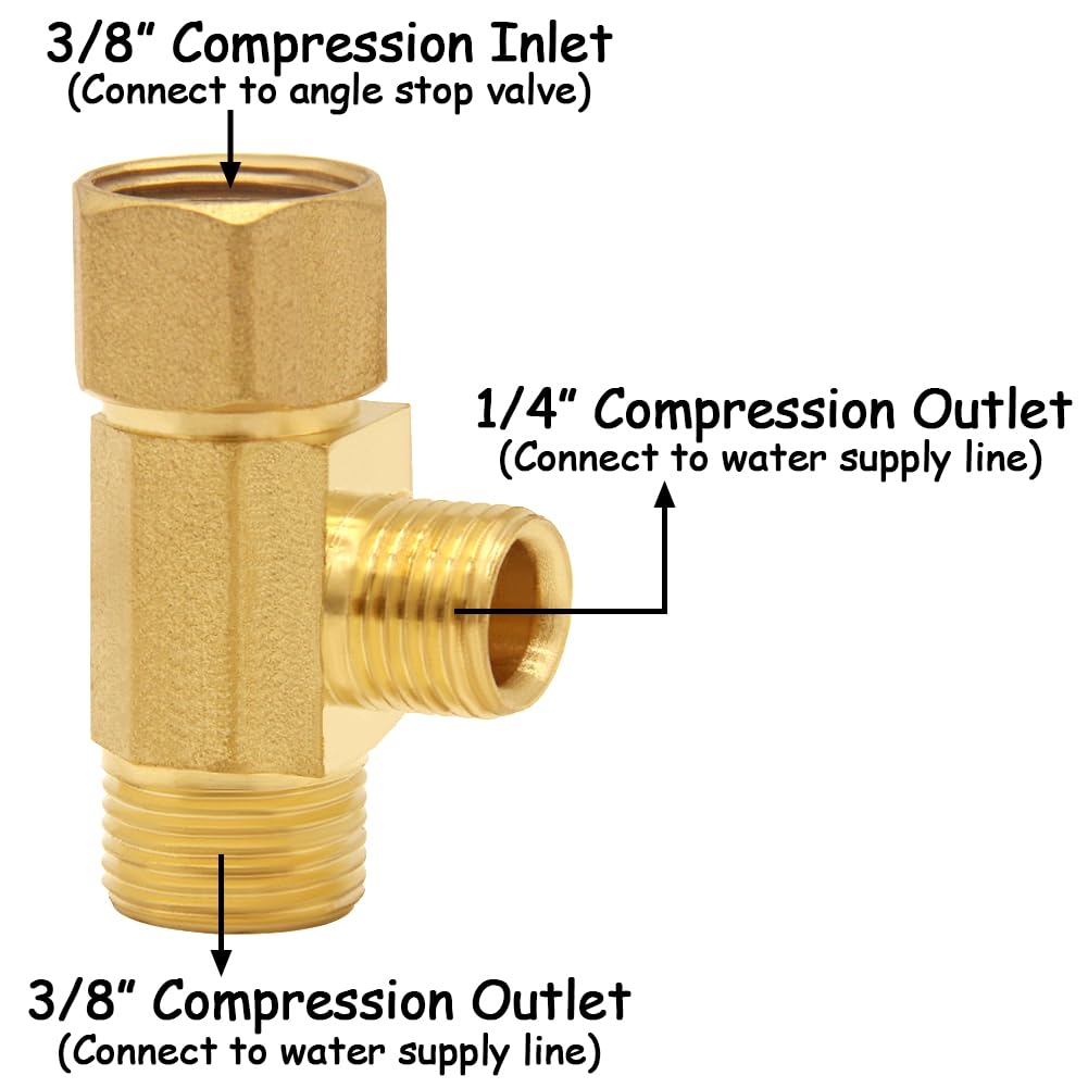 Uenede 2PCS Lead-Free Brass Angle Stop Add-A-Tee Valve, 3/8" Compression Inlet x 1/4" Compression Outlet x 3/8" Compression Outlet, Water Line Splitter 3 Way Valve Fittings