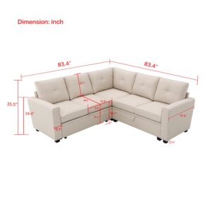 LULUTONG Modular Sectional Sleeper Sofa Bed, Sectional Couch with Pullout Bed Modular Couch with Storage 2 Seater Multi-Functional Suite for Living Room (Beige, L-Shape)