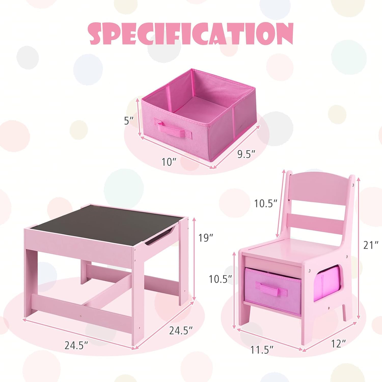 LDAILY Kids Table and Chairs, 3 in 1 Wooden Kids Table with Storage Drawer, Removable Blackboard, Reversible Tabletop, Toddler Table and Chair Set for Drawing, Reading, Writing, Playroom (Pink)