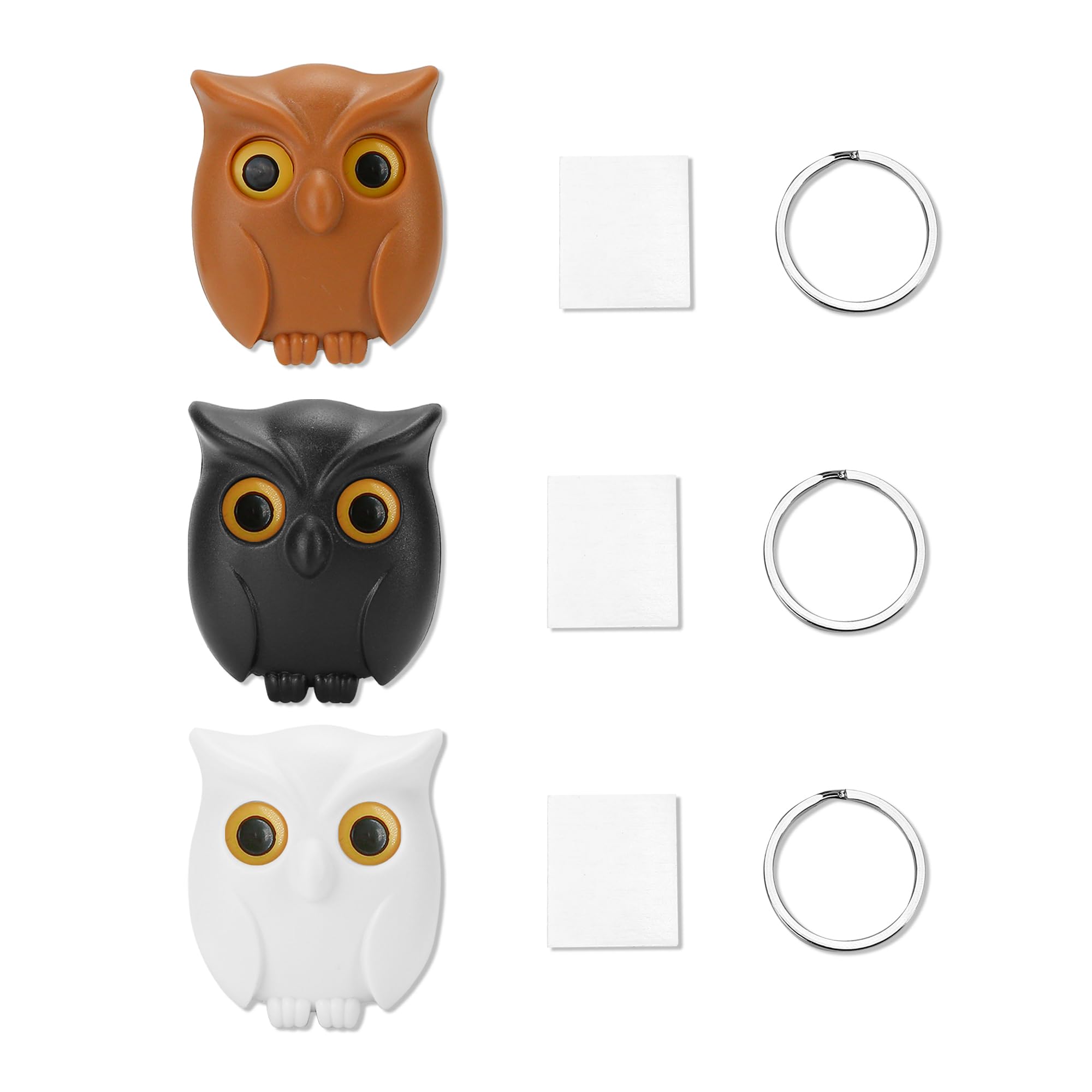 BuleVina 3PCS Owl Keychain Key Holder Night Magnetic Hanger Cute Automatic Open Close Eyes 2024 New Keying Holder Wall Mounted Hooks with Self-Adhesive Tape Chain Ring for Mount