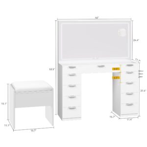 DWVO Wooden Makeup Vanity Desk Set with XL LED Mirror and Power Outlets, 11-Drawer Dressing Table with Storage Bench and Magnifying Glass for Bedroom, Pearl White