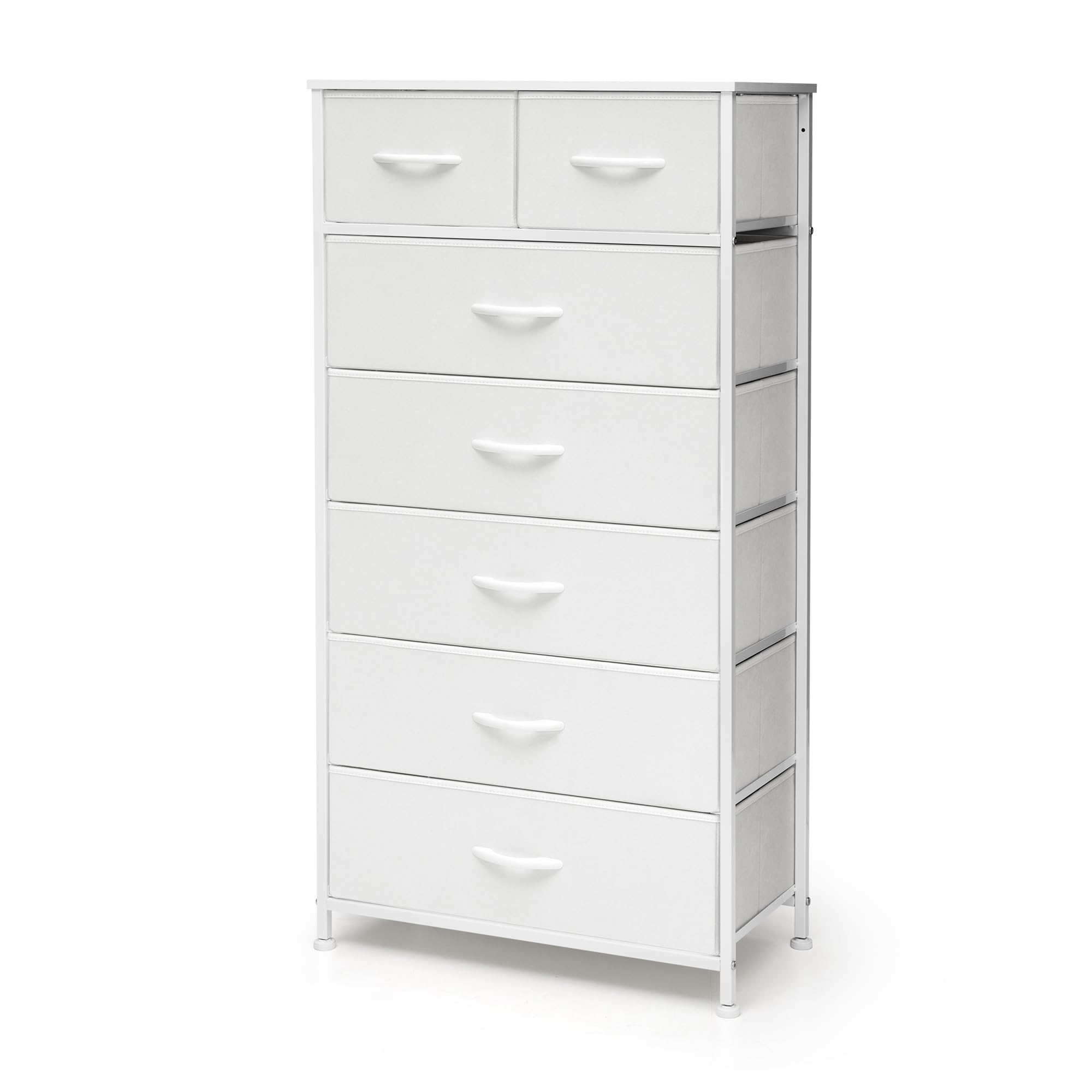 Pellebant Dresser for Bedroom with 7 Drawers, Tall Dresser Vertical Storage Tower, Sturdy Metal Frame, Fabric Storage Bins with Plastic Handle, Wooden Top, Organizer Unit for Closet/Hallway, White