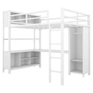 ATY Full Size Loft Bed with Storage Cabinets and Shelves, Sturdy Metal Bedframe w/Wardrobe & Built-in Desk, Save Space Design, for Kids Bedroom, Dorm, White