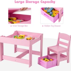 LDAILY Kids Table and Chairs, 3 in 1 Wooden Kids Table with Storage Drawer, Removable Blackboard, Reversible Tabletop, Toddler Table and Chair Set for Drawing, Reading, Writing, Playroom (Pink)