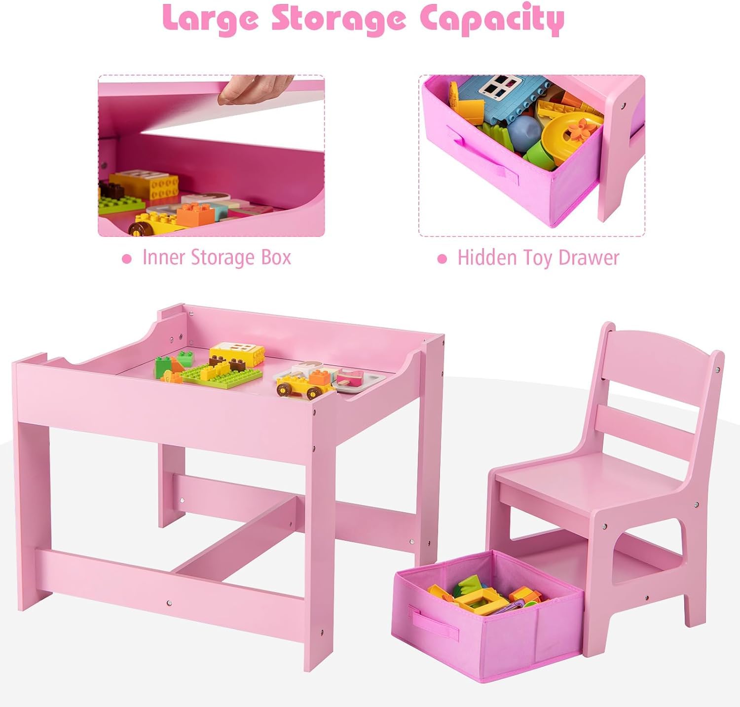 LDAILY Kids Table and Chairs, 3 in 1 Wooden Kids Table with Storage Drawer, Removable Blackboard, Reversible Tabletop, Toddler Table and Chair Set for Drawing, Reading, Writing, Playroom (Pink)