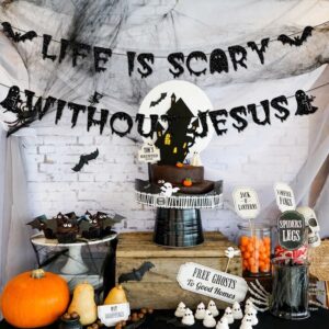 Life is Scary Without Jesus Banner for Christian Halloween Decorations, Christian Halloween Favors Banner, Halloween Jesus Bulletin Board Decorations Banner, Life is Scary Without Jesus Decorations LIS