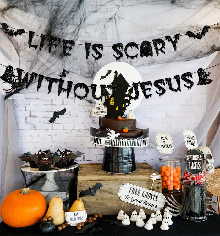 Life is Scary Without Jesus Banner for Christian Halloween Decorations, Christian Halloween Favors Banner, Halloween Jesus Bulletin Board Decorations Banner, Life is Scary Without Jesus Decorations LIS