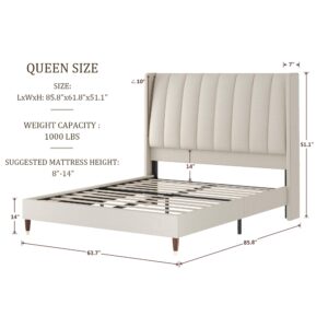 LIMGLIM Queen Bed Frame with Headboard,Upholstered Bed Frame Queen with Vertical Channel Tall Wingback Headboard,No Box Spring Needed,Wooden Slats Support,No-Noise,Easy Assembly,Linen Beige