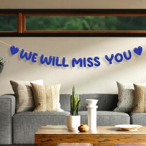 Pre-threaded We Will Miss You Farewell Banner, Blue Glitter Banner Graduation Retirement Party Decorations Going Away Decor for Goodbye Army Party