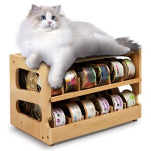 cat food organizer, cat food can organizer, can organizer for pantry, cat food storage, bamboo, holds 36 (3oz) cans