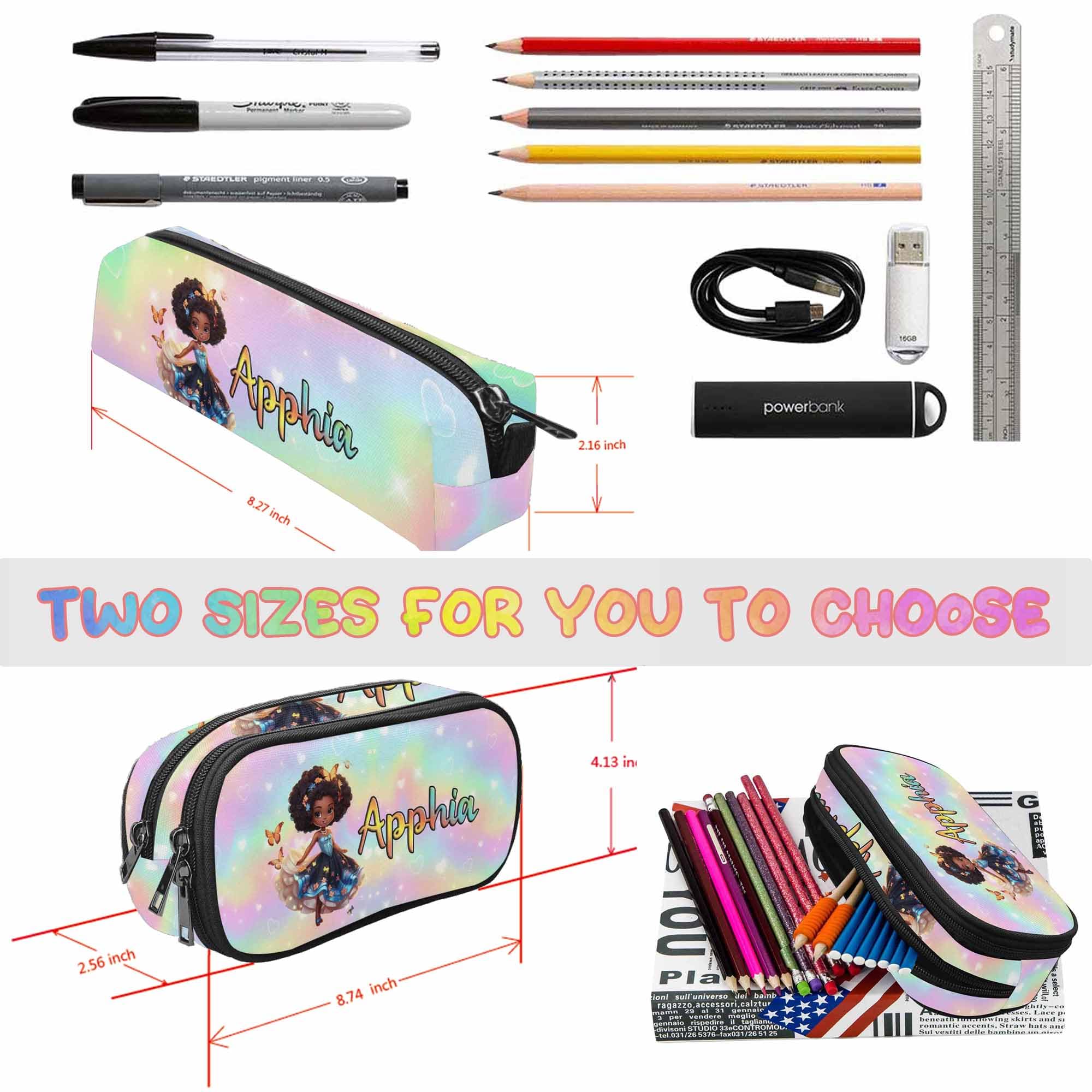 Personalized Kindergarten Pencil Case with Name for Black Girls,Custom Princess Pencil Case Pouch School Backpack and Lunch Box for Kids,Customized Stationery Pouch,Writing Tool Organizer,Pen Holder