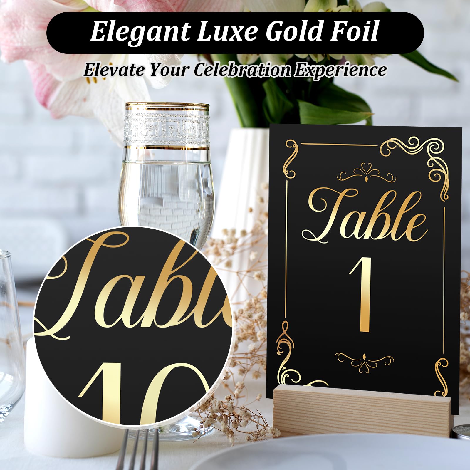 Jeffdad Wedding Table Numbers Cards 1-30, Black 6x4 Inch Gold Foil Table Number Cards Head Table Card Place Card Holder Stand for Wedding Reception Anniversary Birthday Restaurant