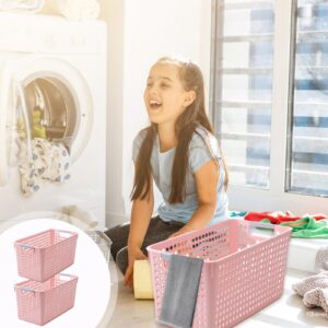 Plastic Storage Bins 2 Packs Laundry Basket Storage Baskets For Organizing, Storage Organizer Bins and Basket For Pantry Shelves Drawers Desktop Closet Playroom Classroom Office (Pink)