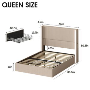 Queen Size Bed Frame with 4 Storage Drawers and LED Lights,Upholstered Queen Bed Frame with Headboard and Charging Station,Ease of Installation,Taupe