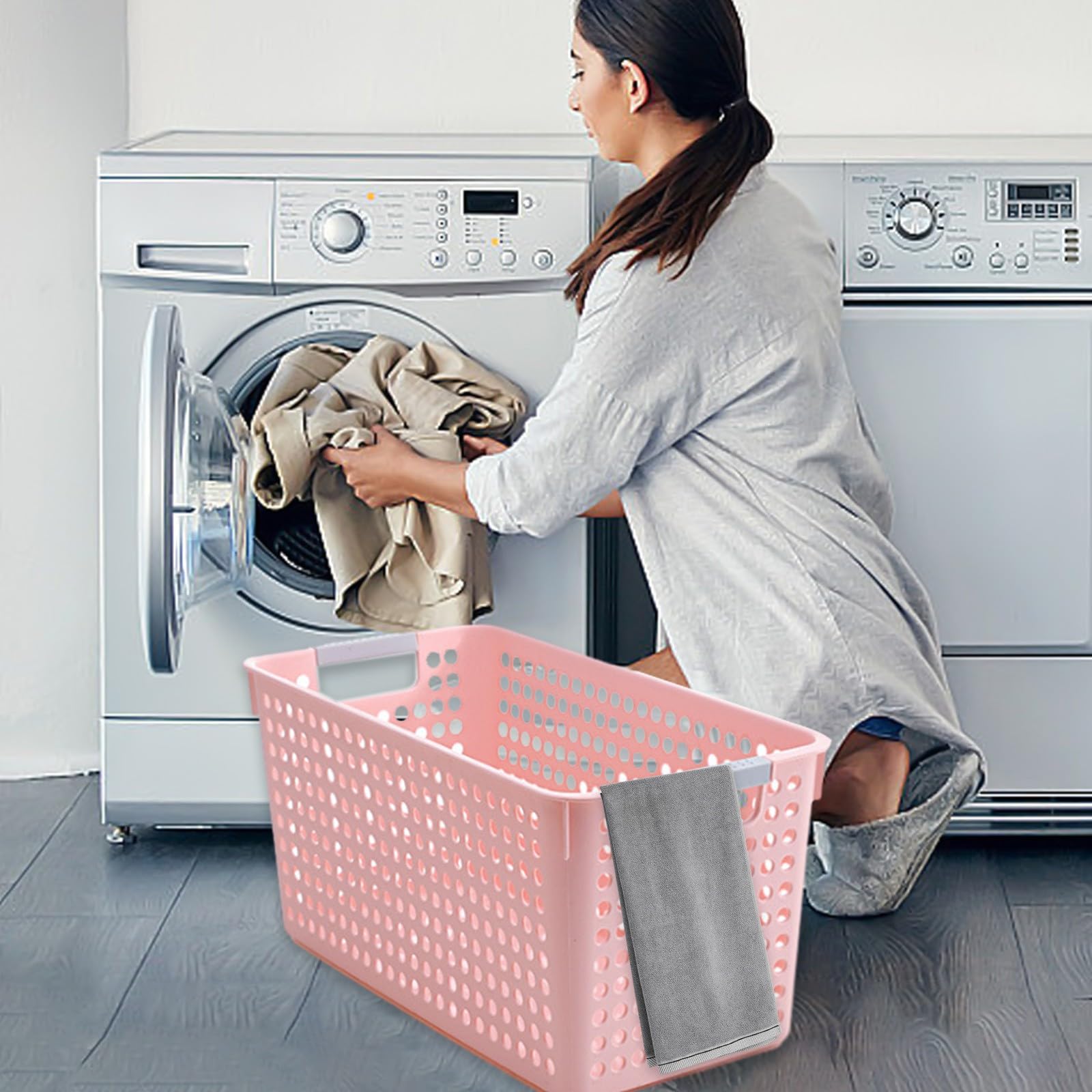 Plastic Storage Bins 2 Packs Laundry Basket Storage Baskets For Organizing, Storage Organizer Bins and Basket For Pantry Shelves Drawers Desktop Closet Playroom Classroom Office (Pink)