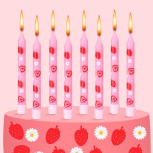 threlaco 12 pcs strawberry birthday candle berry shortcake cake topper pink fruits theme birthday candle decorations for baby shower birthday gifts celebration reunions anniversary party supplies