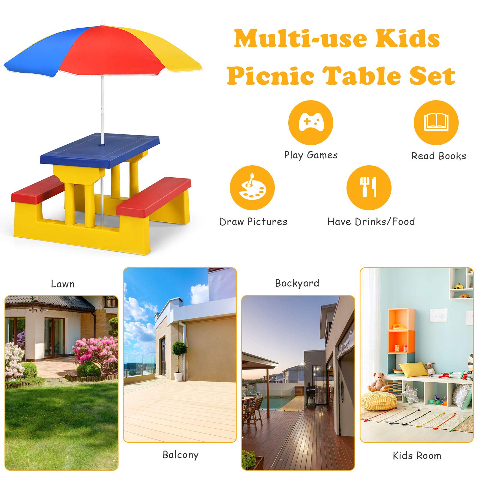 HOMGX Kids Picnic Table, Toddler Picnic Table with Removable & Foldable Umbrella, Plastic Children Patio Furniture for Garden Backyard, Kids Outdoor Table, Multicolored