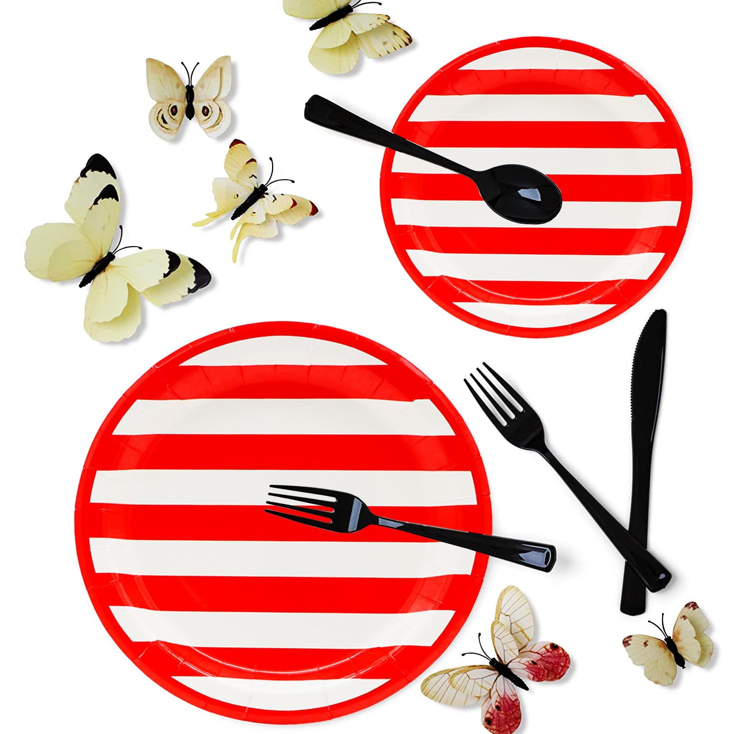 175Pcs Red and White Stripes Party Supplies Set 9"Red and White Striped Plates7"Red carnival Plates Napkins Cup Knive Fork Spoon for Striped Carnival Party Picnic BBQ Birthday Party Decor Serve25