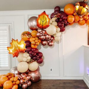 eceae 123pcs fall balloon garland arch kit, burgundy, orange, nude, metallic rose gold balloons with leaf chestnut balloons, for autumn thanksgiving balloon arch, baby shower party decorations