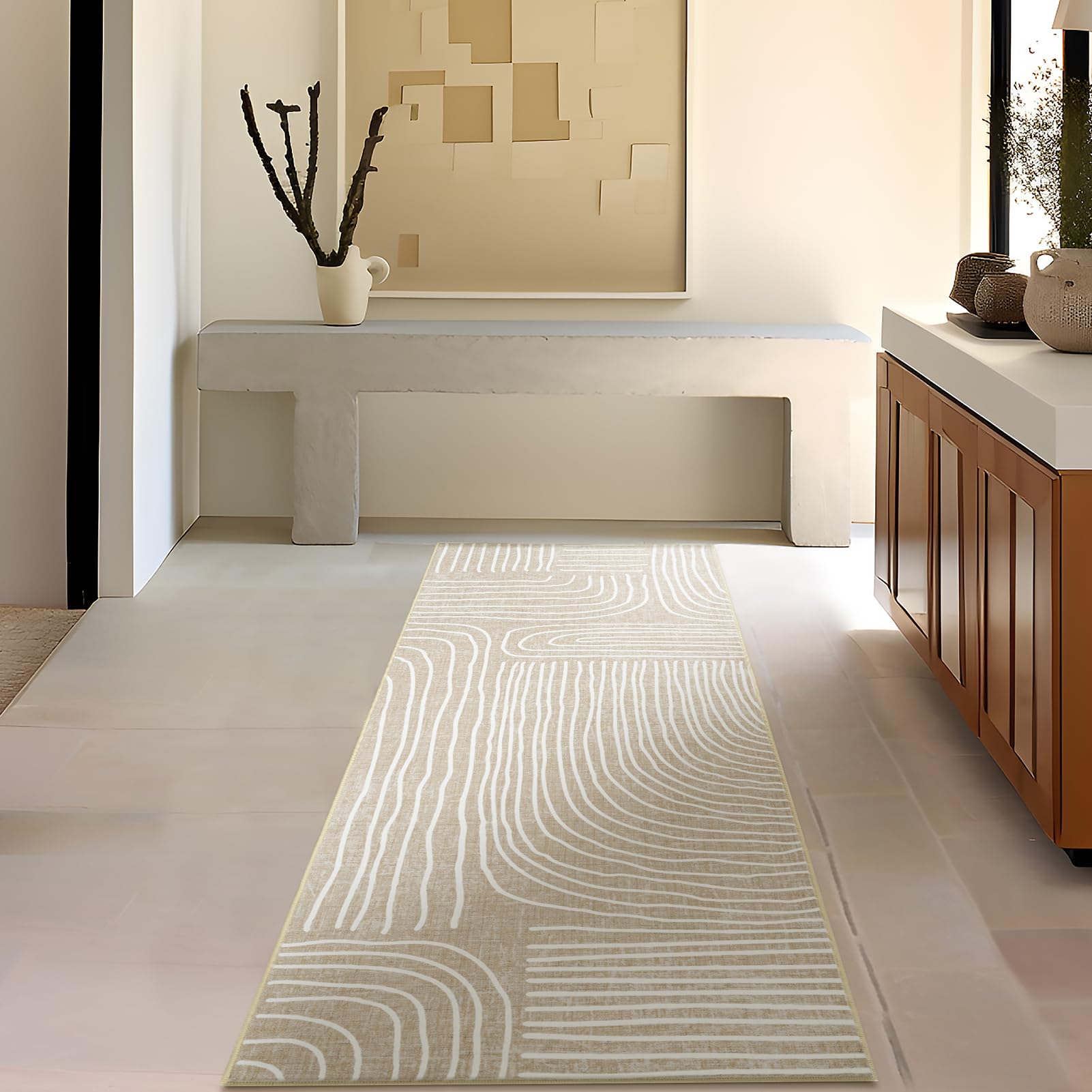 Phantoscope Hallway Runner Rug 2'x6'-Long Rug Runner Boho Washable Striped Design Non-Slip Carpet for Kitchen Entryway Laundry Bedroom,Ultra-Thin Multi-Line Modern Accent Rug,Light Beige/Multi Line